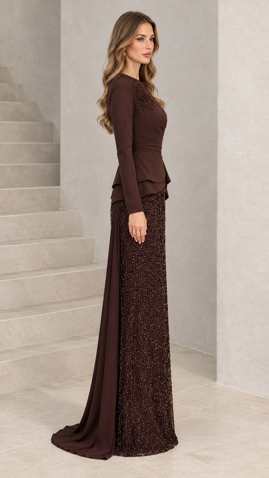 Side profile view of chocolate brown beaded peplum evening dress