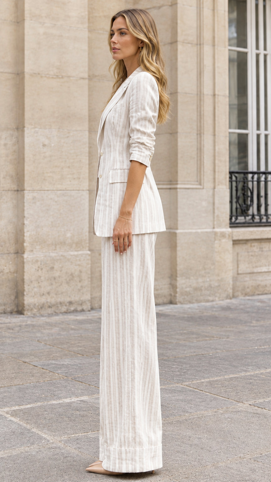 Side profile of a model wearing a beige pinstripe three-piece pant suit