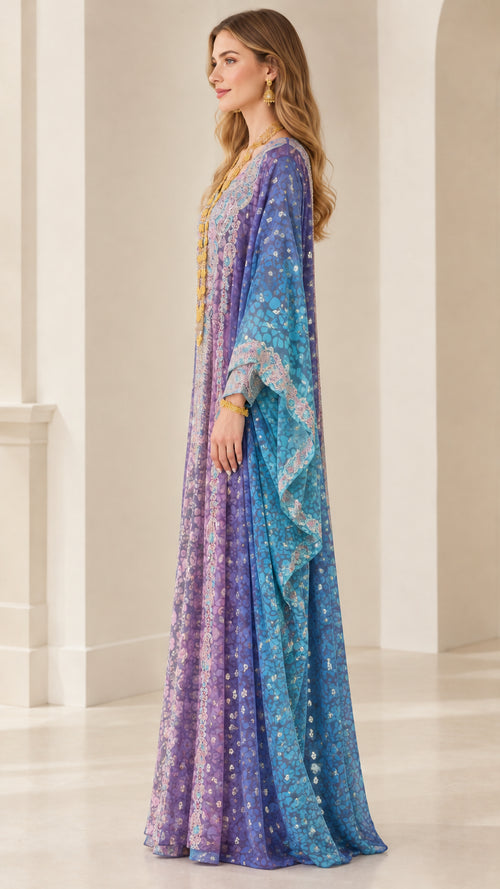 Side angle of woman modeling flowing Royal Blue printed kaftan gown
