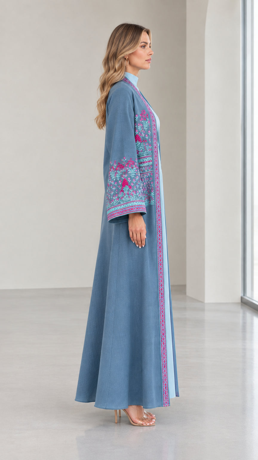 Side profile of Dusty Blue embroidered abaya cardigan and matching maxi dress