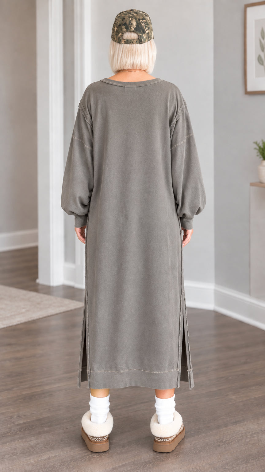 Back full-length view of the washed olive dropped-shoulder sweatshirt dress