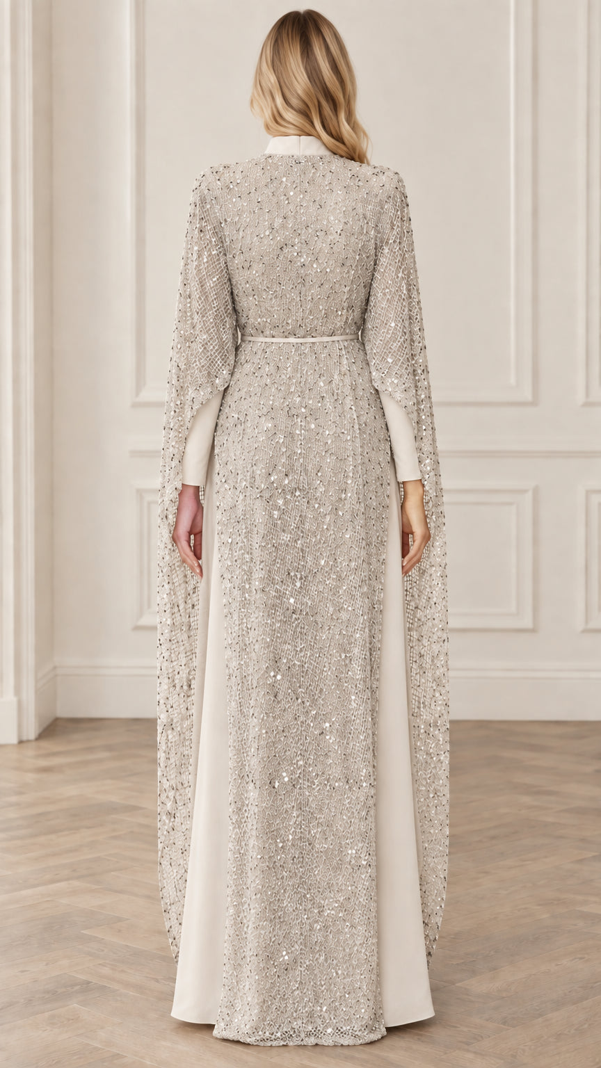 Champagne embellished cape evening jumpsuit back view showing full cape length