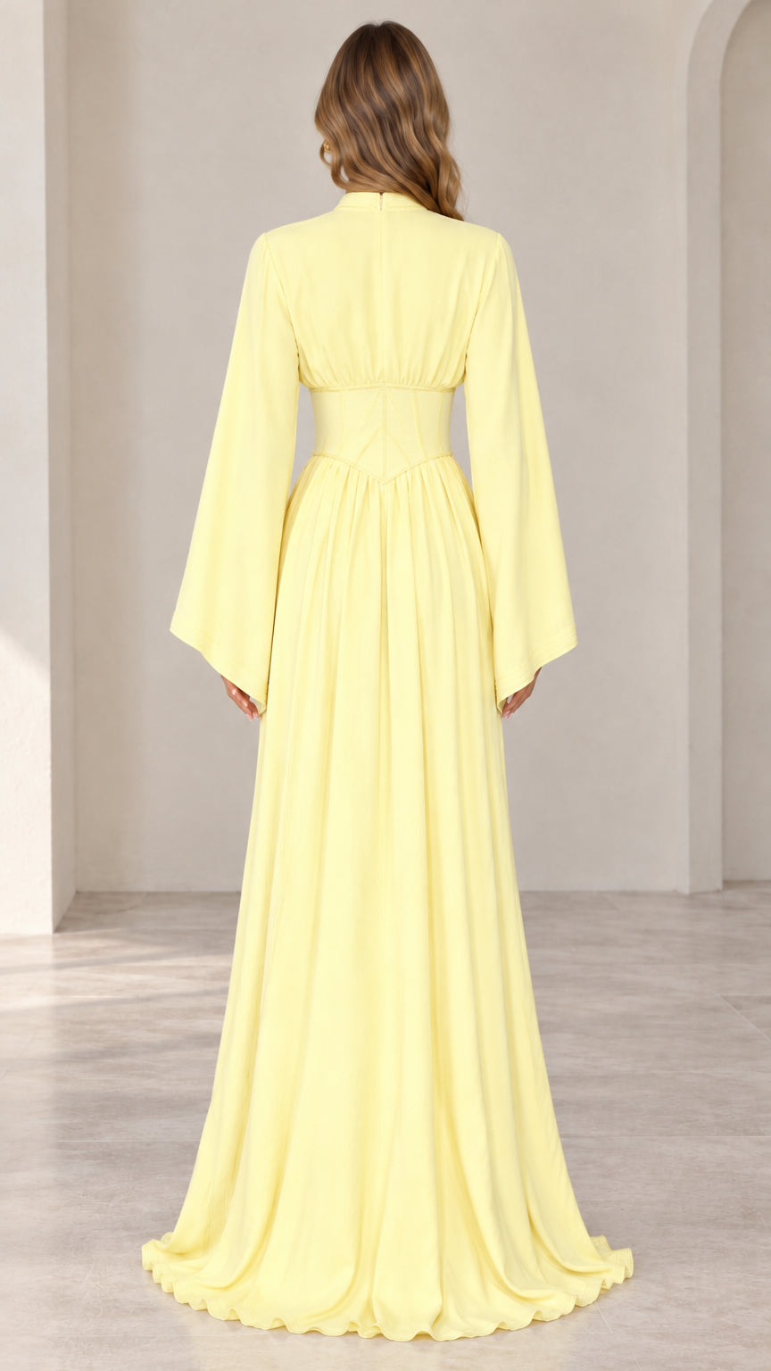 Pastel yellow bell sleeve maxi dress back view