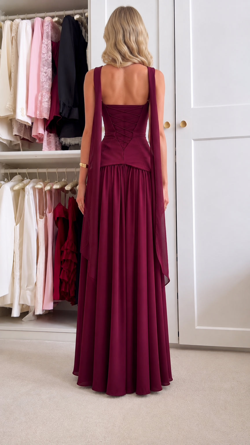 Back view of model wearing burgundy corset dress with draped scarf trailing over shoulders
