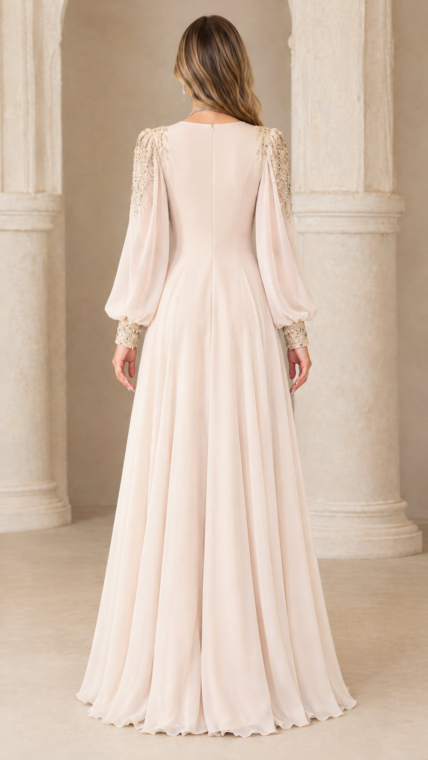 Back view of champagne floor-length evening dress with long sleeves