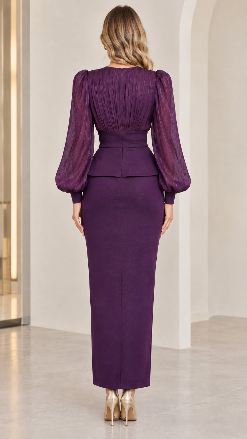 Back view of deep purple tailored maxi dress with sheer long sleeves