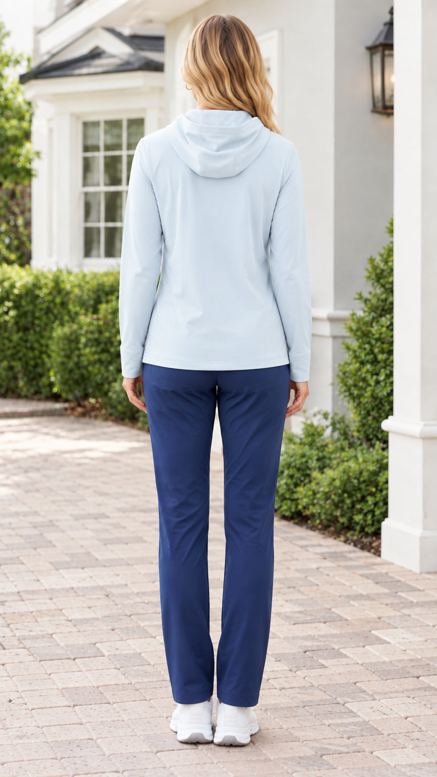 Back view of a model wearing a light blue casual hooded sweatshirt