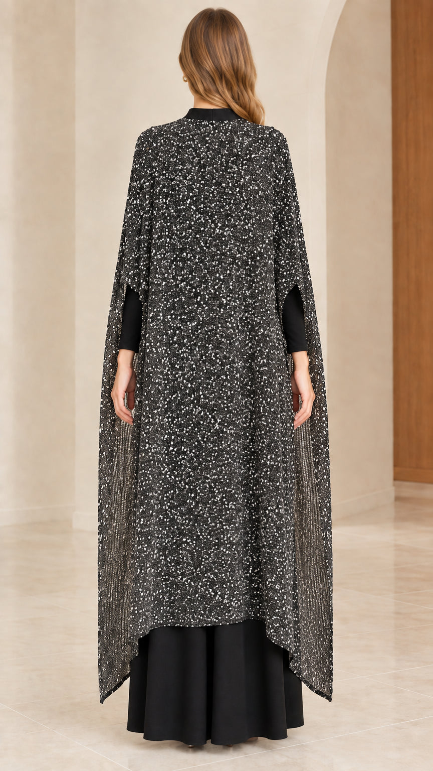 Back view of black asymmetrical cape overlay set with floor-length wide-leg pants