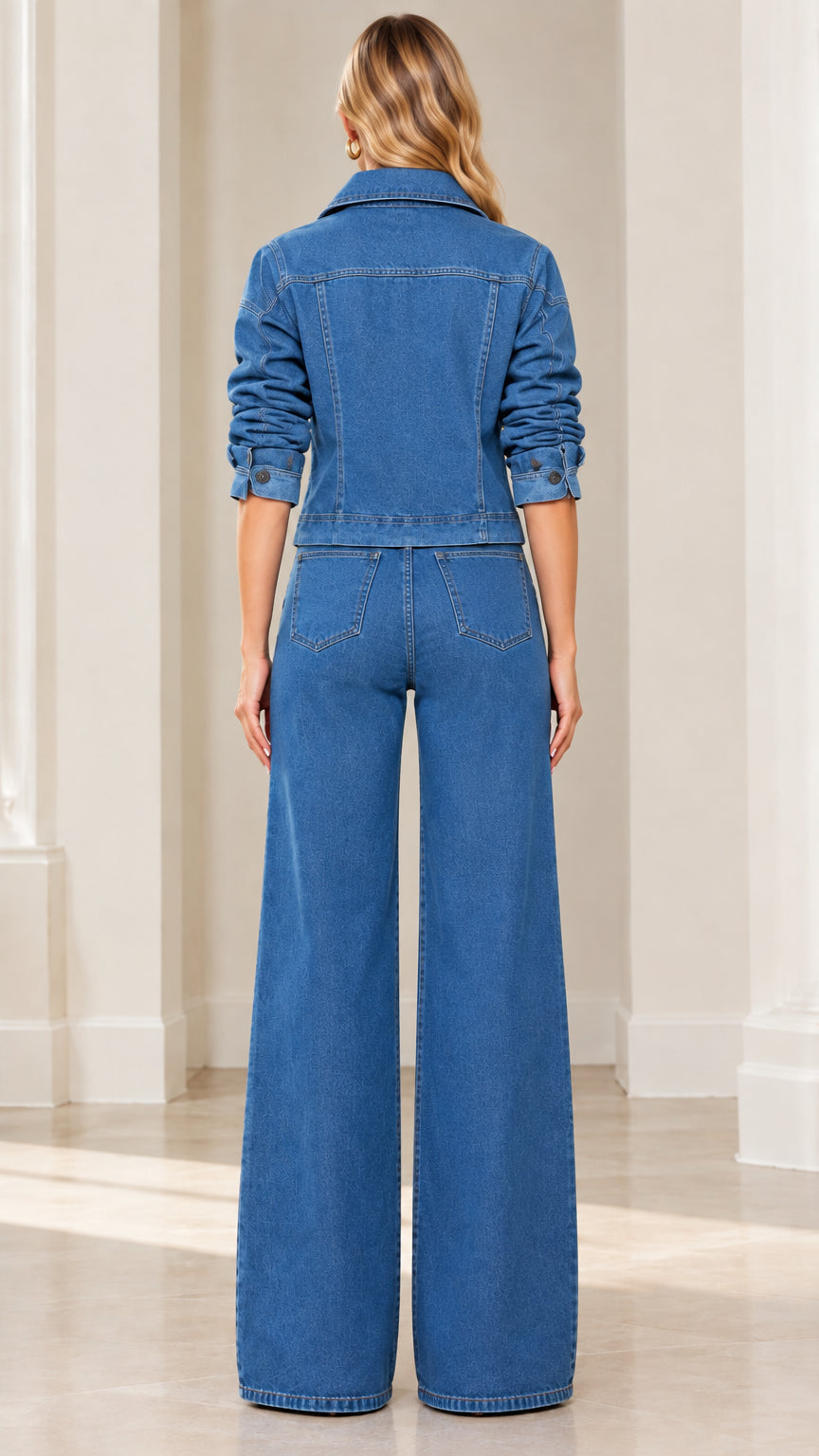 Back view of model in Denim Blue high-rise wide-leg denim set