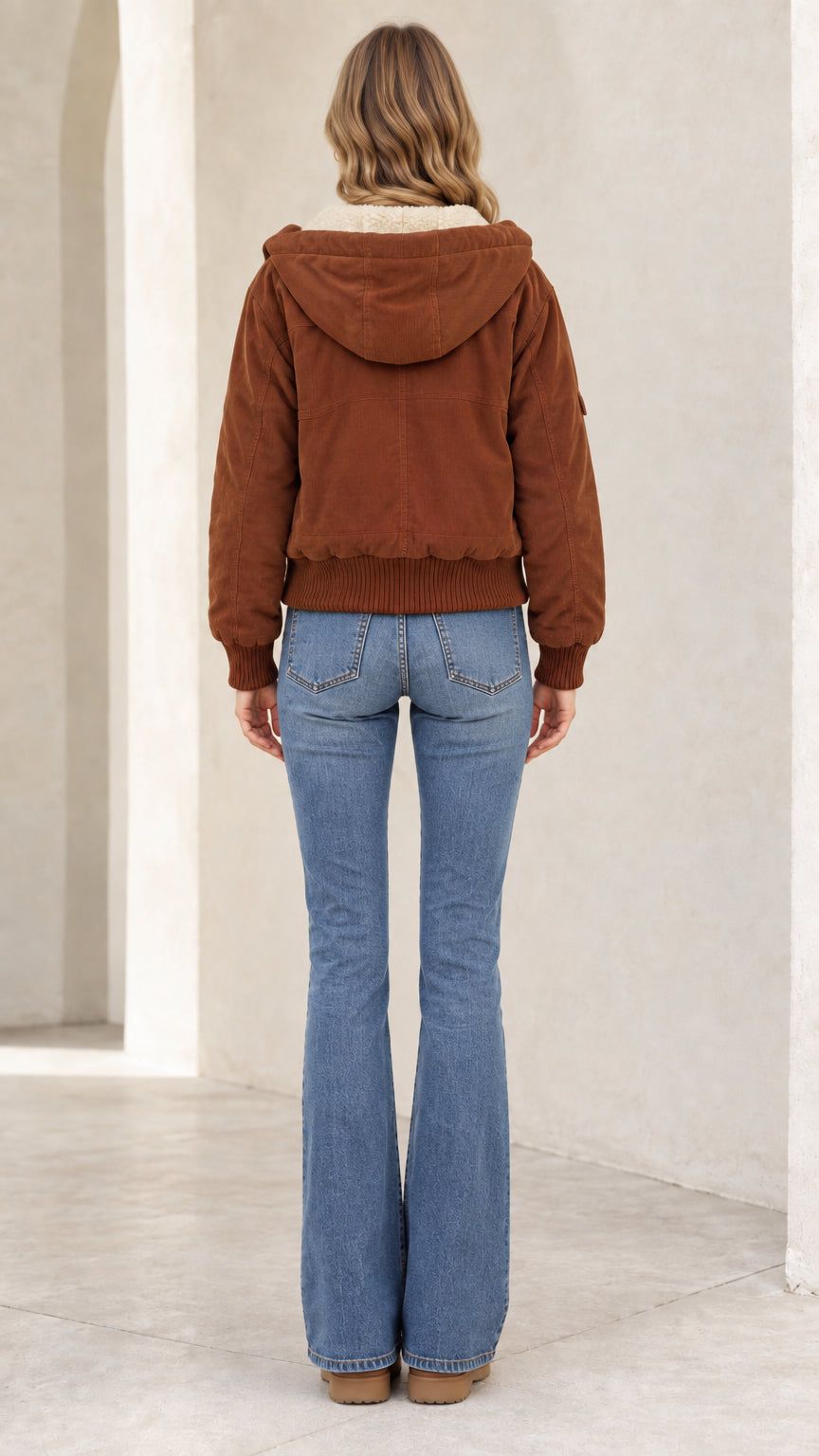 Back view of woman wearing brown hooded bomber jacket with ribbed hem