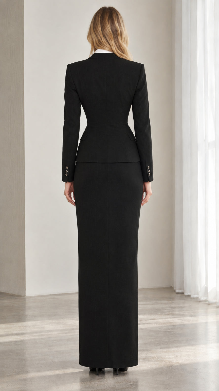 Back view of model showing structured fit of black blazer and maxi skirt