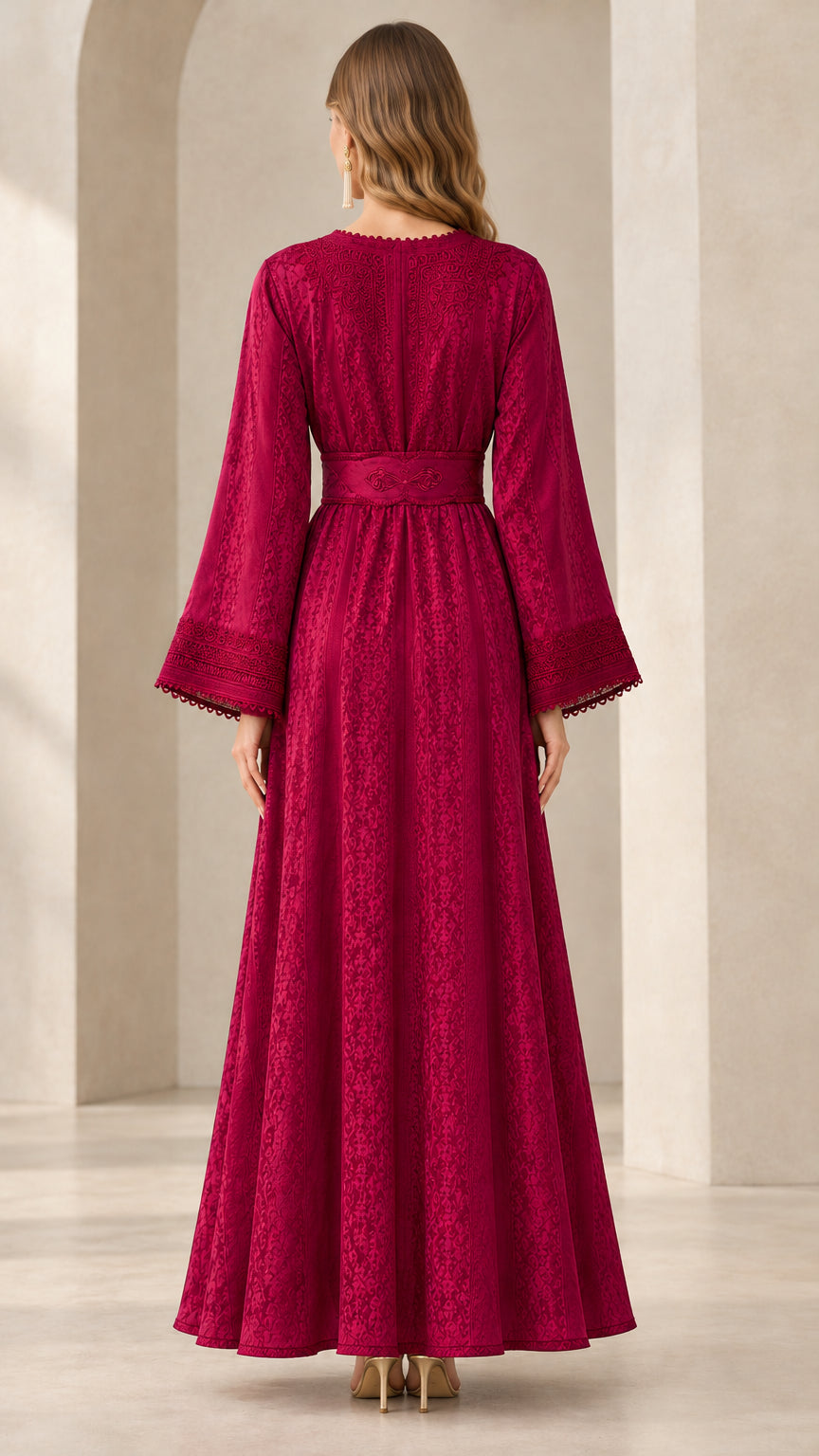 Berry Red modest evening maxi gown back view