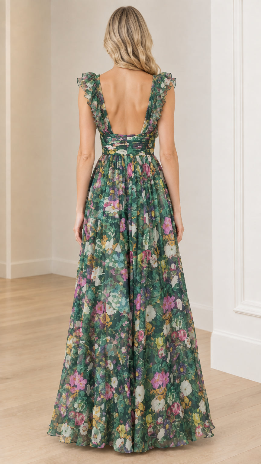 Back view of green floral maxi gown showcasing open back design