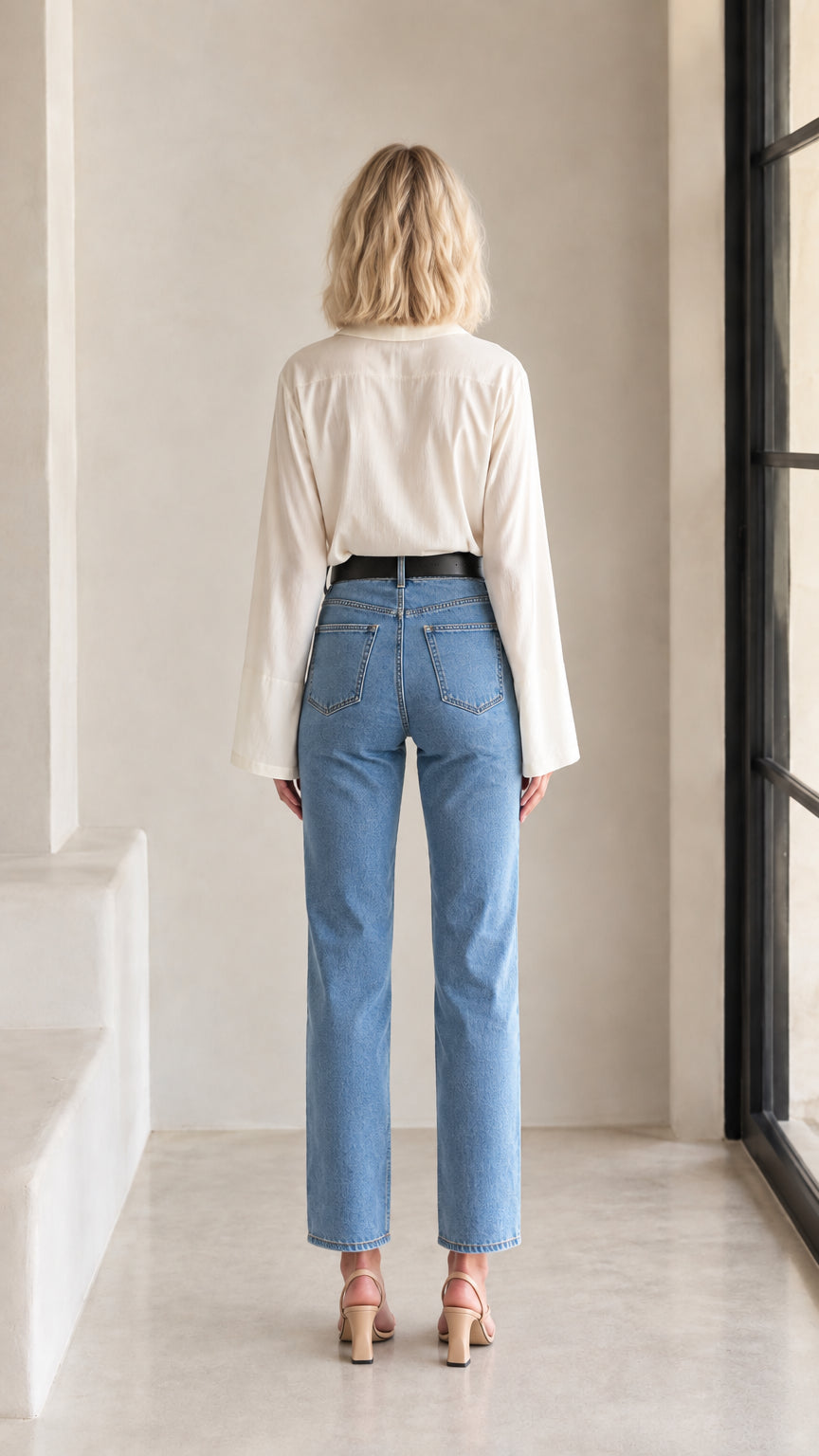 Back view of woman wearing cream button-down blouse with wide flared sleeves
