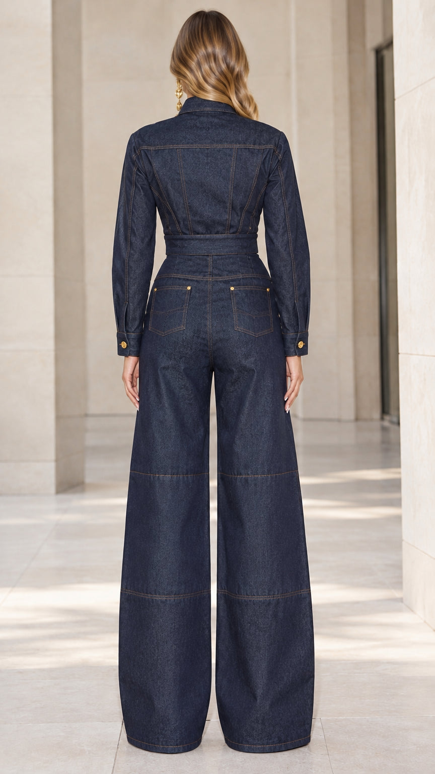 Back full-length view of dark blue denim jumpsuit showing back yoke and wide trousers