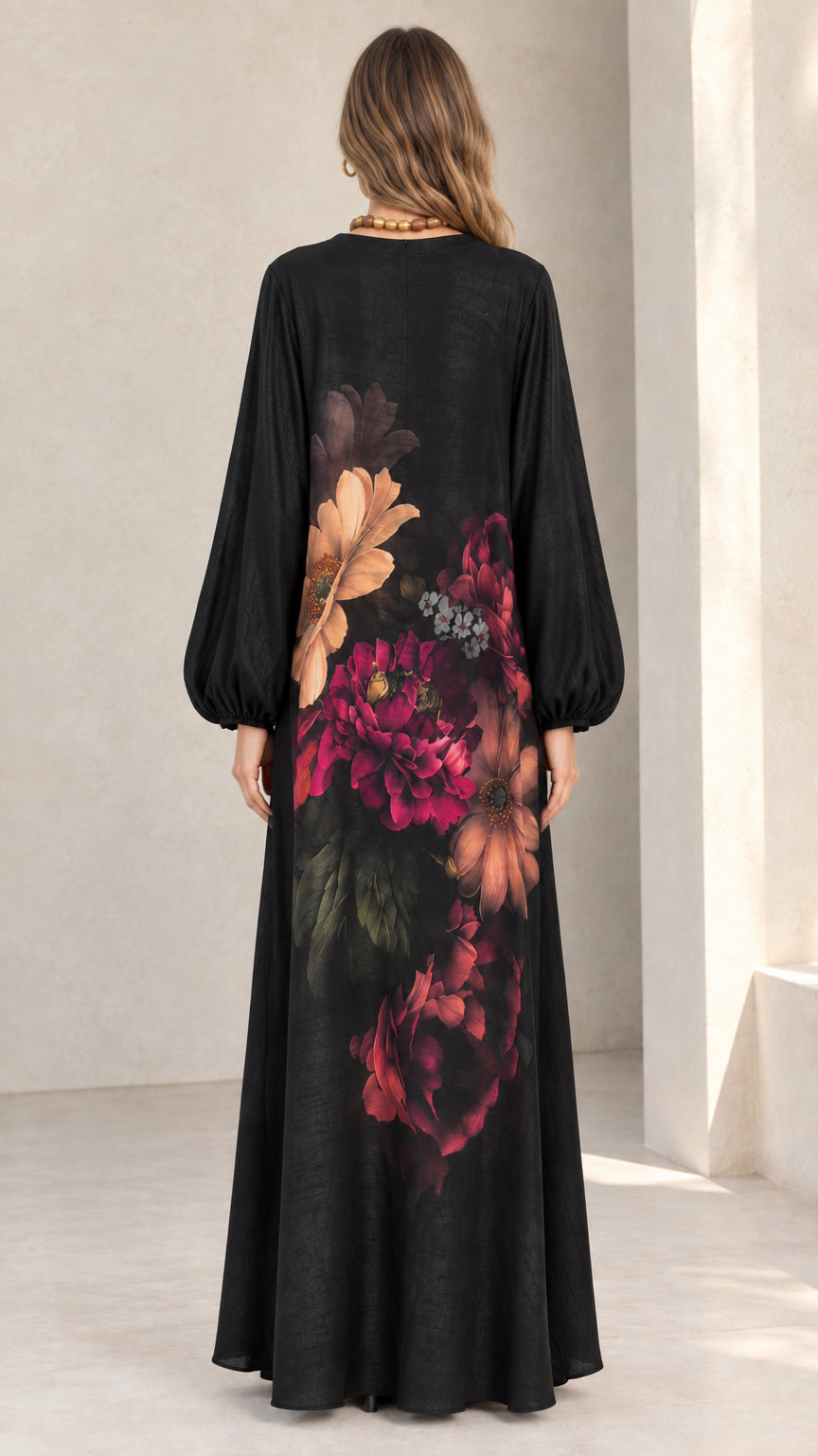 Back view of black floral balloon sleeve maxi dress