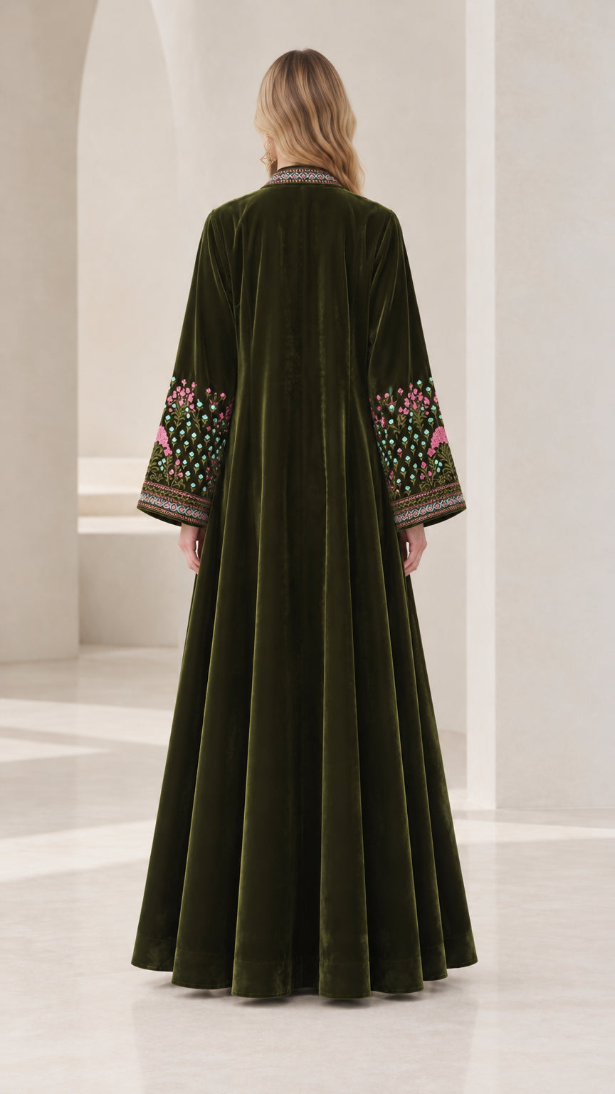 Back view of full-length Dark Green velvet open-front abaya