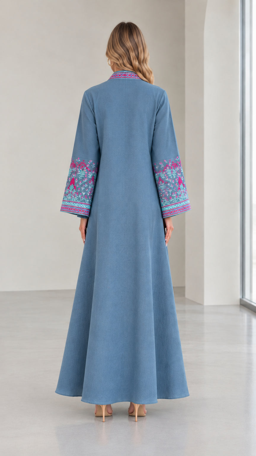 Back view of woman wearing Dusty Blue maxi abaya set