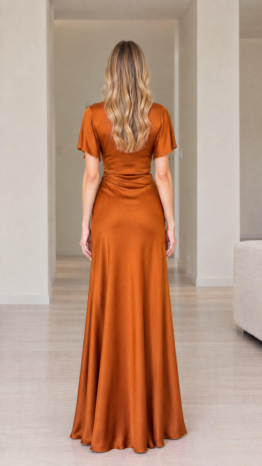 Back view of woman wearing rust orange satin maxi dress