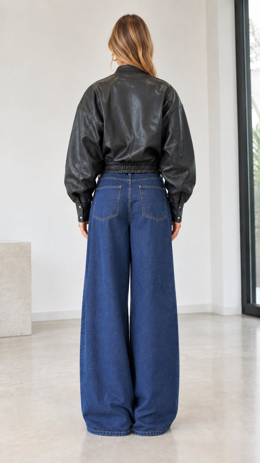 Back view of model wearing black leather-look cropped bomber jacket and wide leg denim jeans