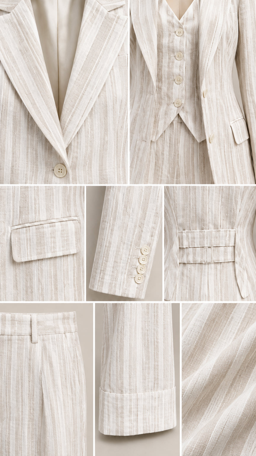 Detailed collage showing lapel, buttoned vest, flap pockets, sleeve buttons, and textured pinstripe fabric