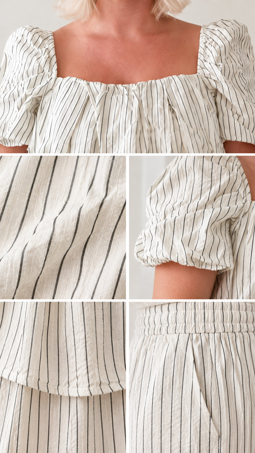 Close-up details of square neckline, puff sleeve cuff, fabric texture, and side pocket