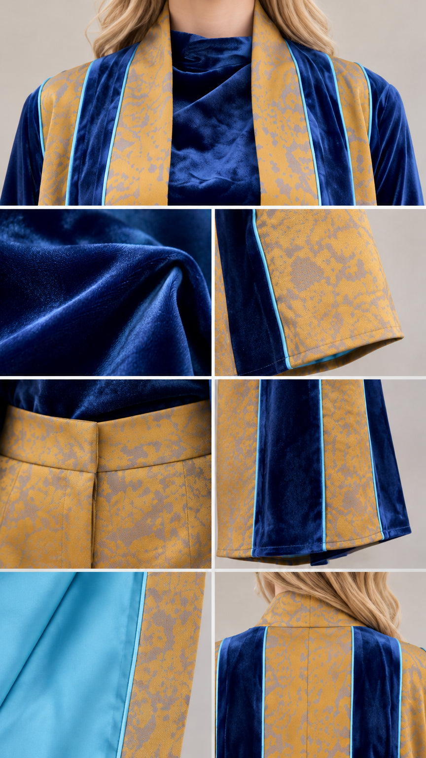 Close-up details of velvet texture, jacquard pattern, mock neck, and seam finishes
