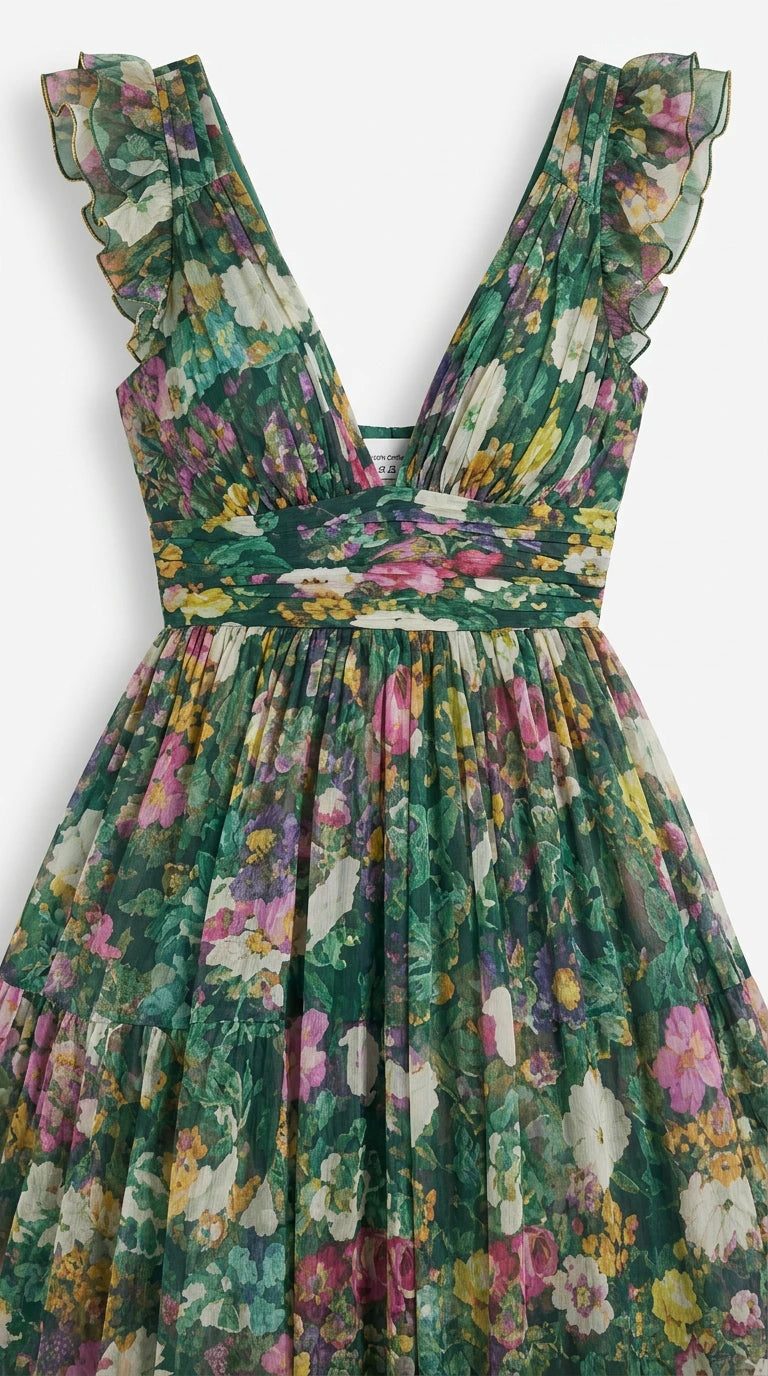 Bodice close-up of green floral dress with ruffle shoulder straps