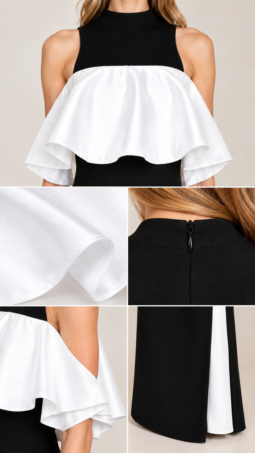 Close-up details of white ruffle neckline, back zipper, cold shoulder cutouts, and hem slit