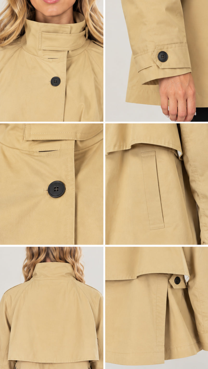Close-up detail collage of khaki short trench coat collar, cuff button, and layered flap