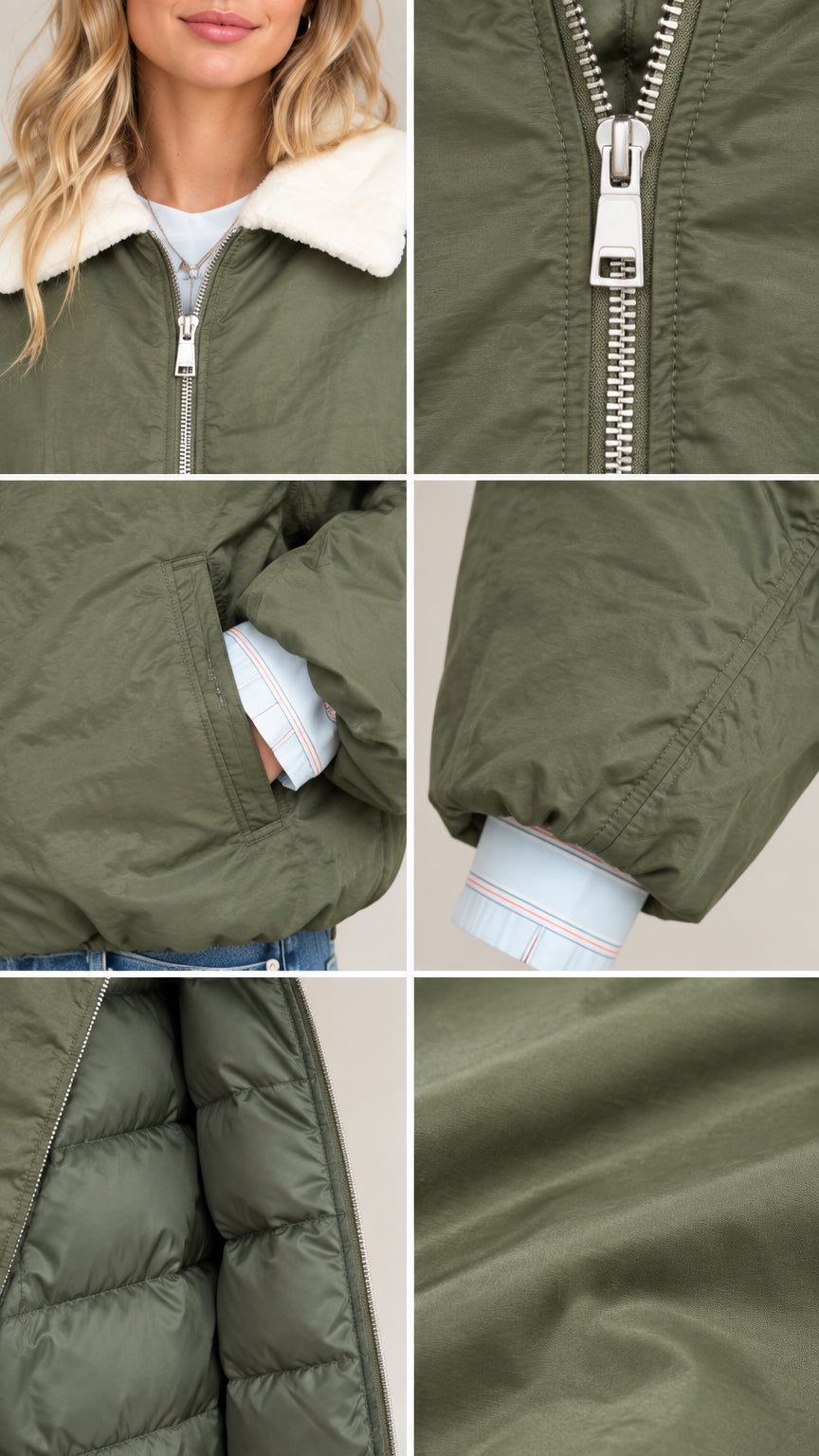 Detailed close-up collage of olive green jacket fleece collar, metal zipper, side pocket, elastic cuff, and quilted lining