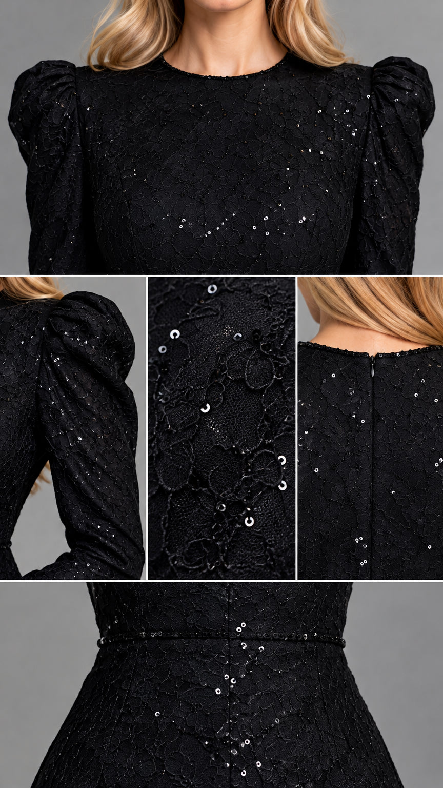Close-up detail shots of black sequin lace neckline, puff shoulders, and zipper closure