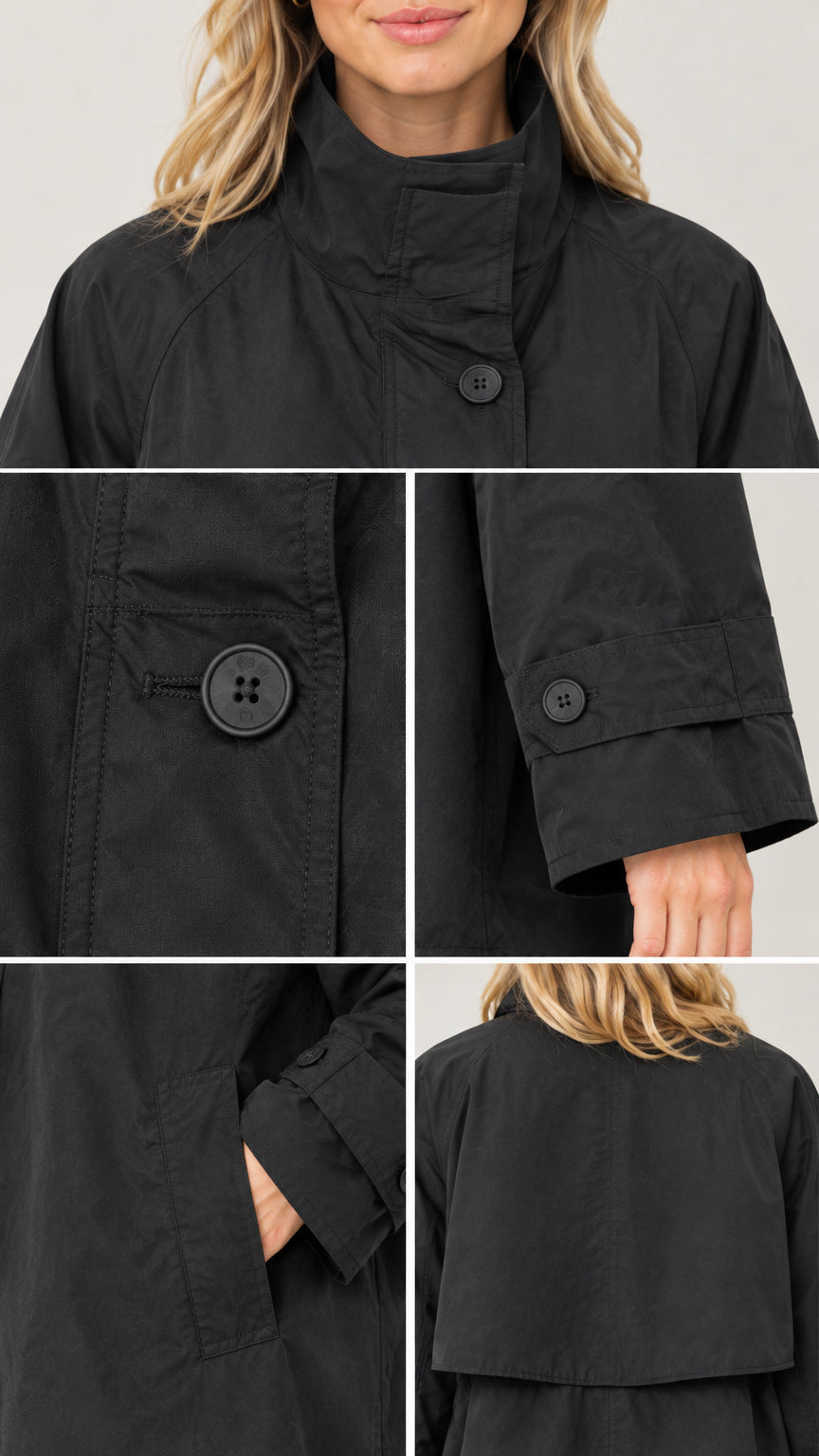 Close-up details of collar button, cuff strap, side pocket, and back yoke on black swing jacket