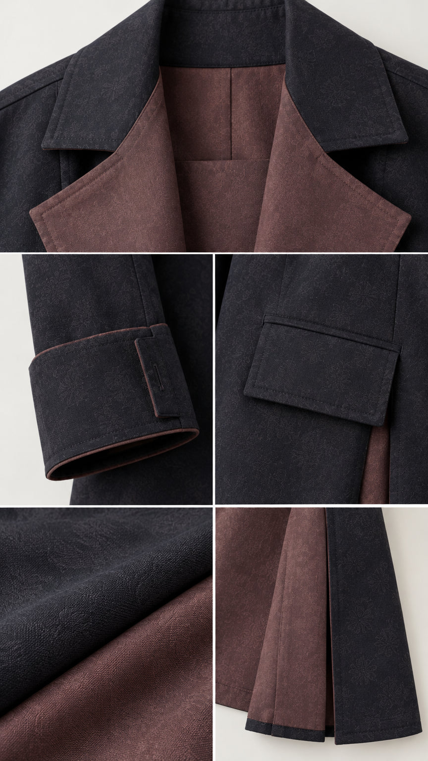 Close-up details of lapel, cuffs, flap pocket, and smooth woven fabric texture