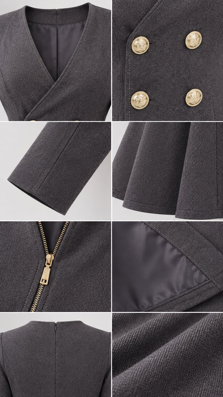 Detailed close-up collage showing fabric texture, neckline, gold crest buttons, zipper, and lining