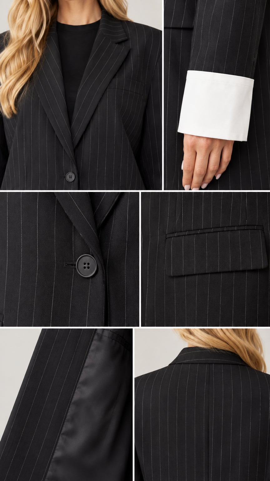 Close-up details of black pinstripe blazer lapel, white cuff, front button, flap pocket, and smooth lining