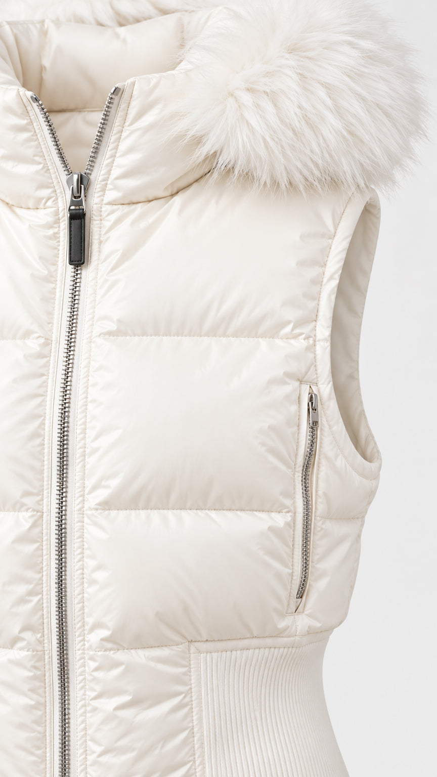 Close-up detail of Ivory puffer vest showing silver zipper, quilted baffles, and faux-fur hood