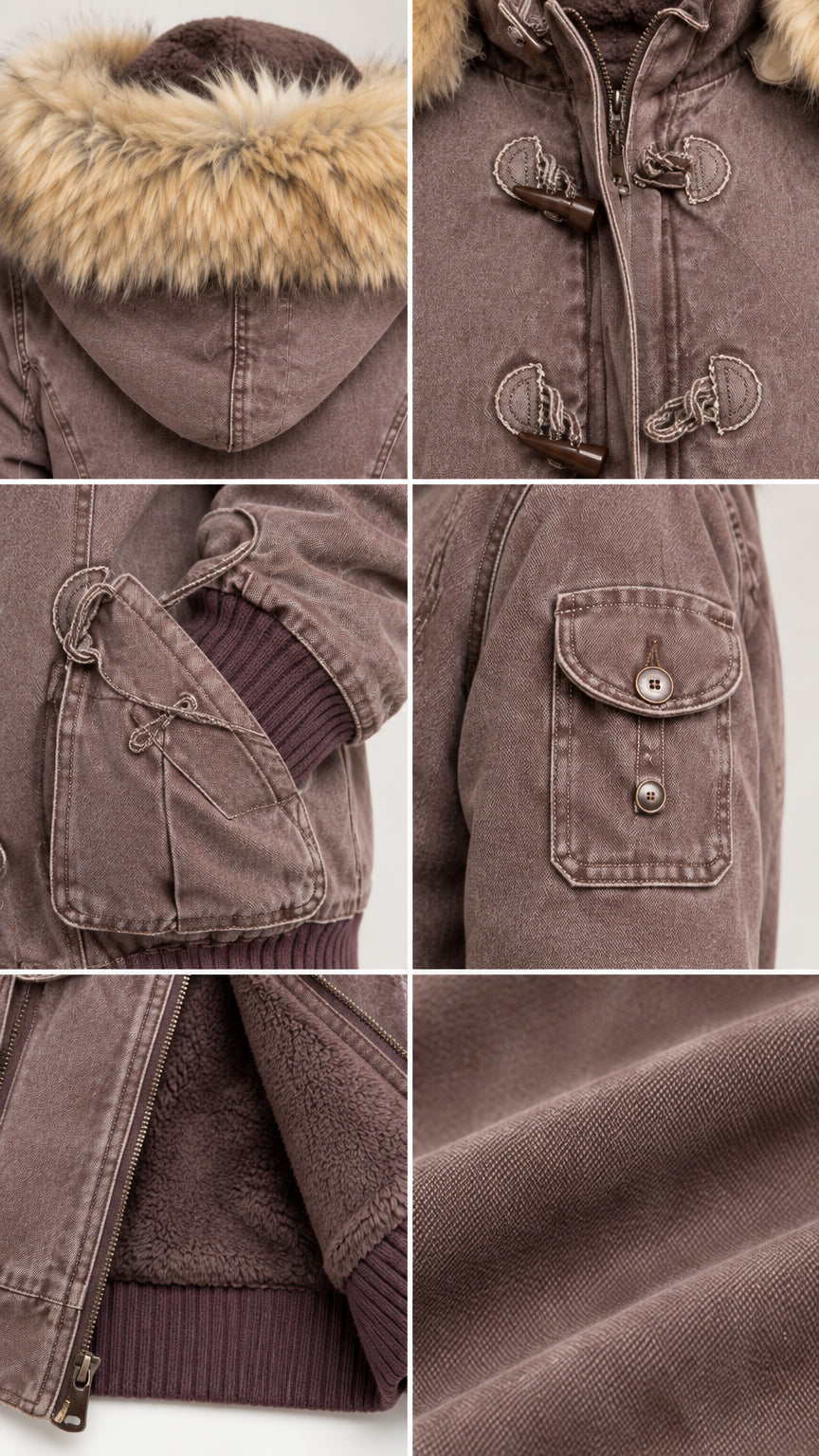 Detailed close-up views of the fur-trimmed hood, toggle closure, ribbed cuffs, and fleece lining
