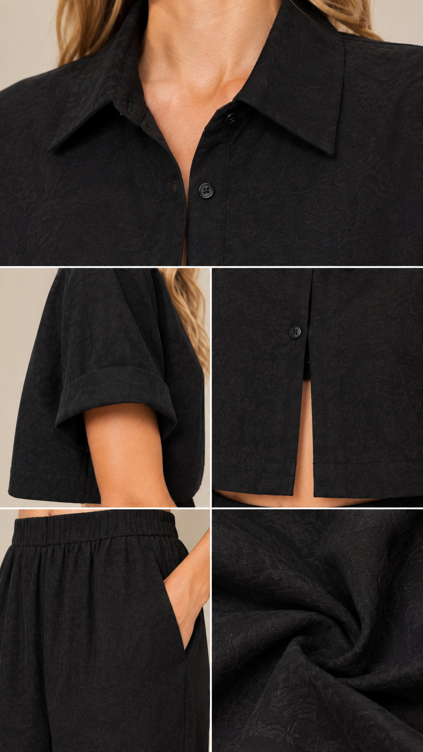 Close-up detail grid of collar, cuff sleeve, front split buttons, elastic pocket, and fabric texture