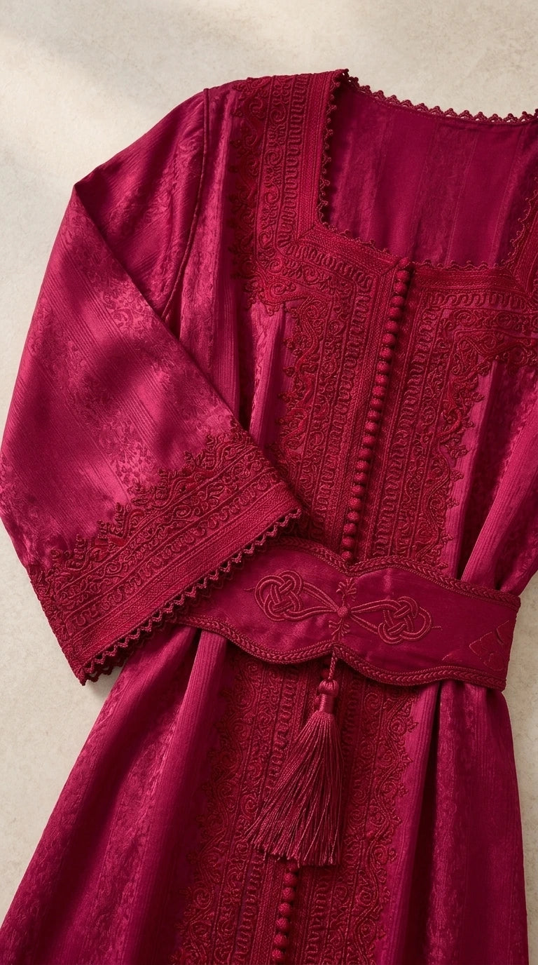 Close-up of Berry Red intricate bodice embroidery, button placket, and tassel belt
