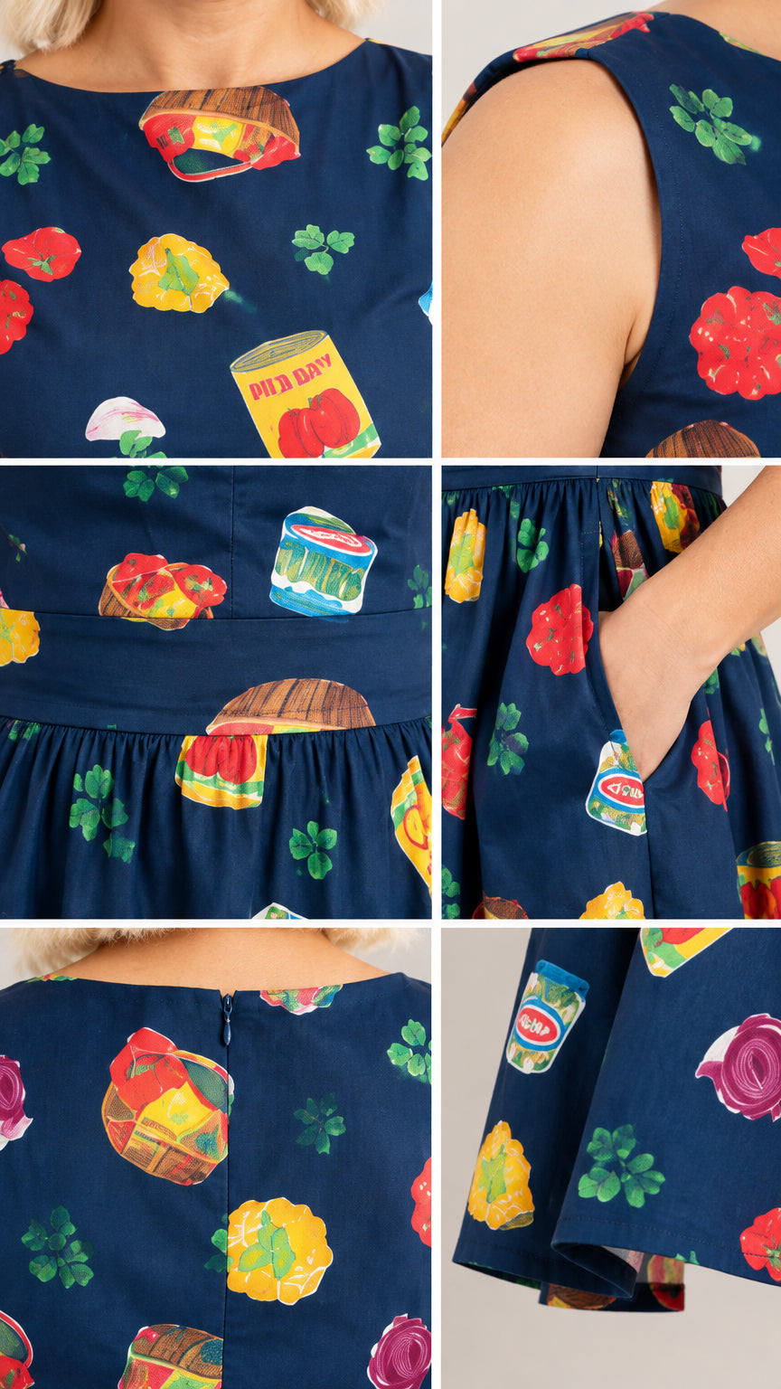 Close-up details of neckline, sleeveless armhole, waist pleats, side pocket, and back zipper