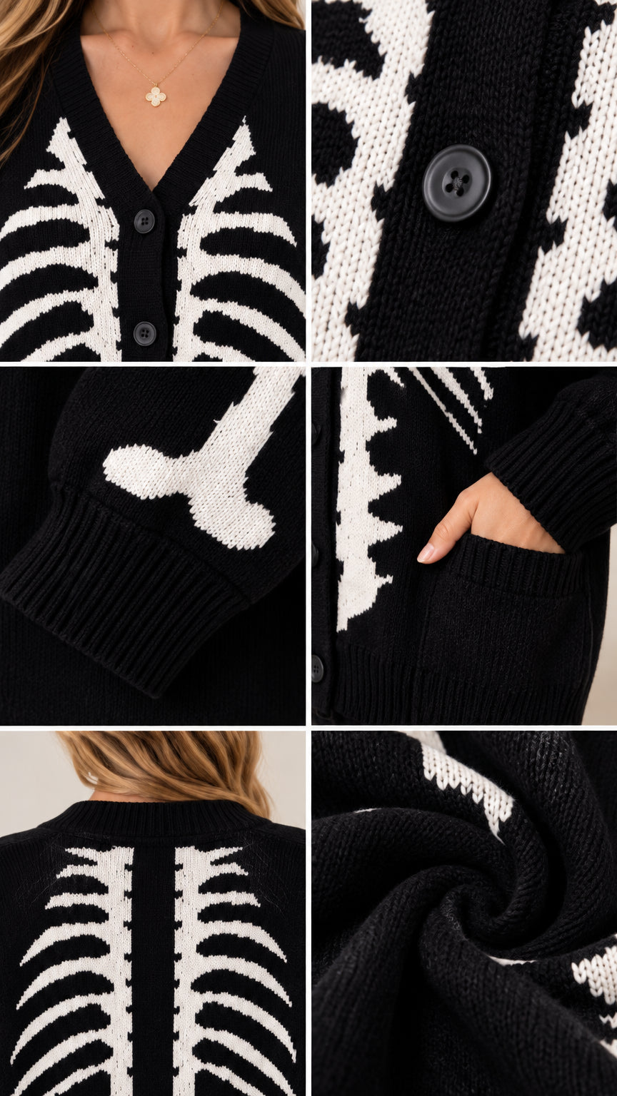 Close-up collage of black skeleton cardigan showing V-neck buttons, sleeve bone motif, pocket detail, and knit texture
