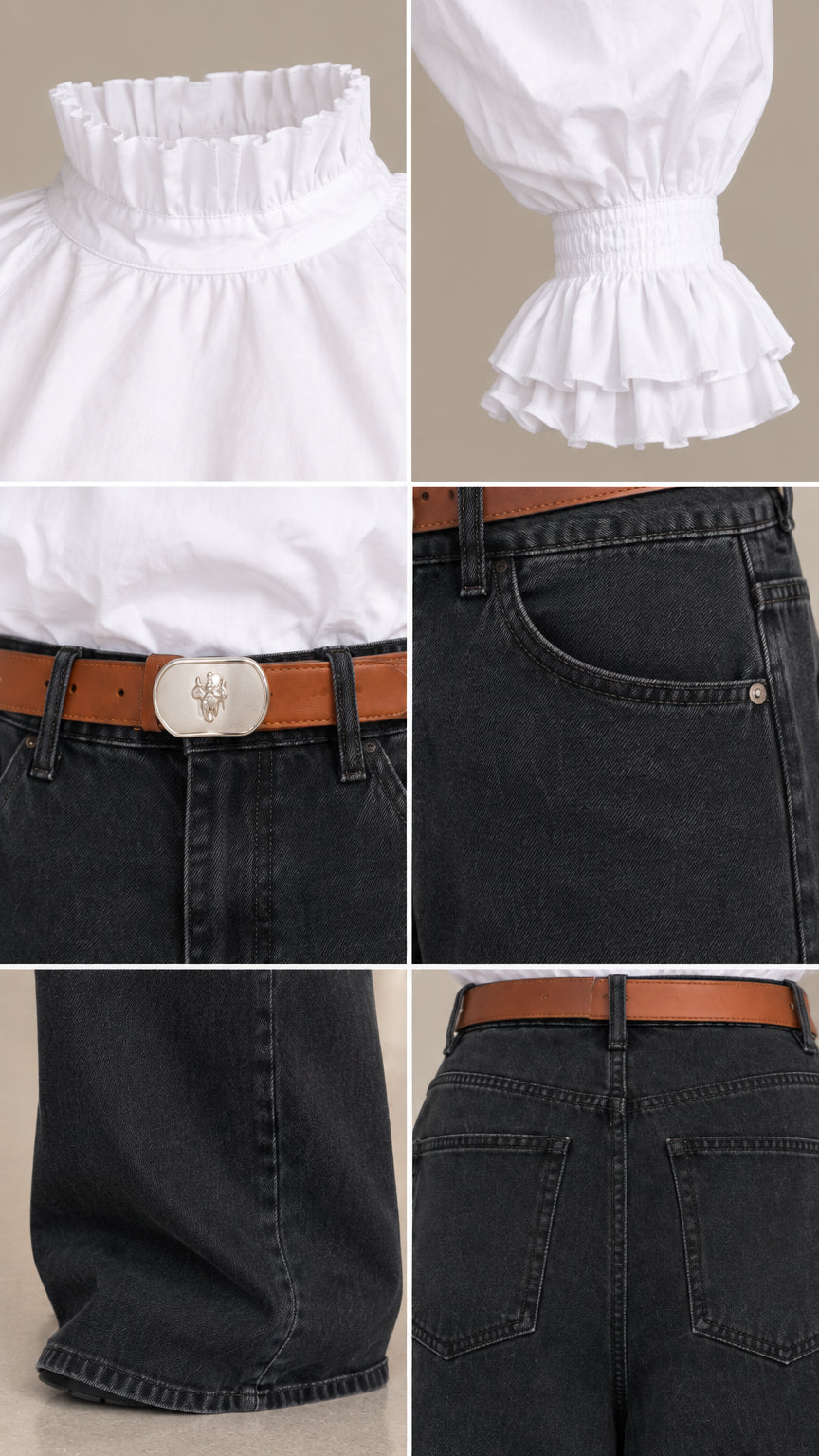 Close-up details of ruffled neckline, smocked elastic cuff, waistband with belt, and pocket stitching