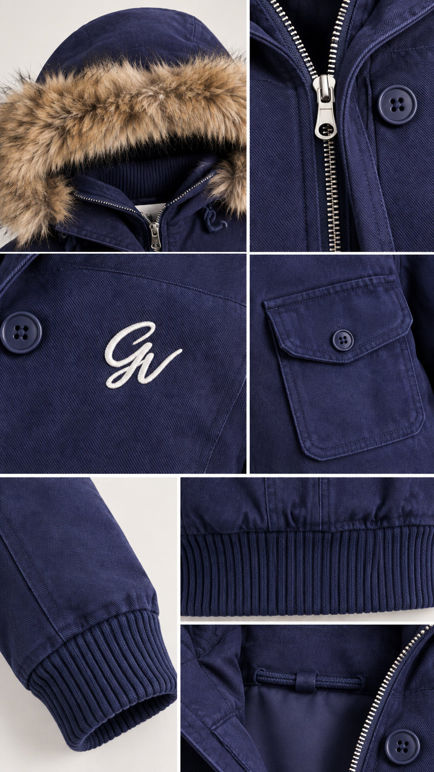 Detailed collage of Navy Blue jacket showing faux-fur hood, zipper, chest embroidery, pocket flap, and ribbed cuff