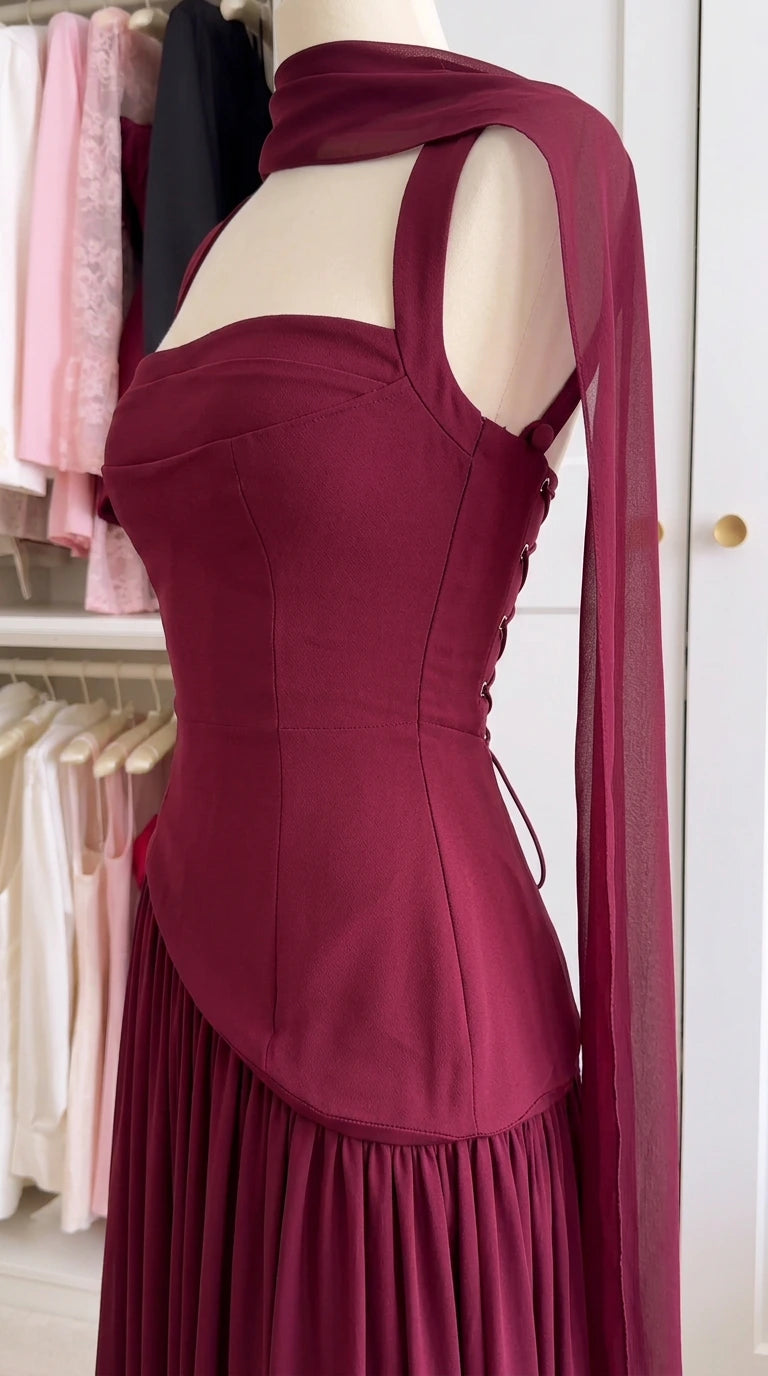 Close-up mannequin view of burgundy corset bodice detailing seamlines and lace back
