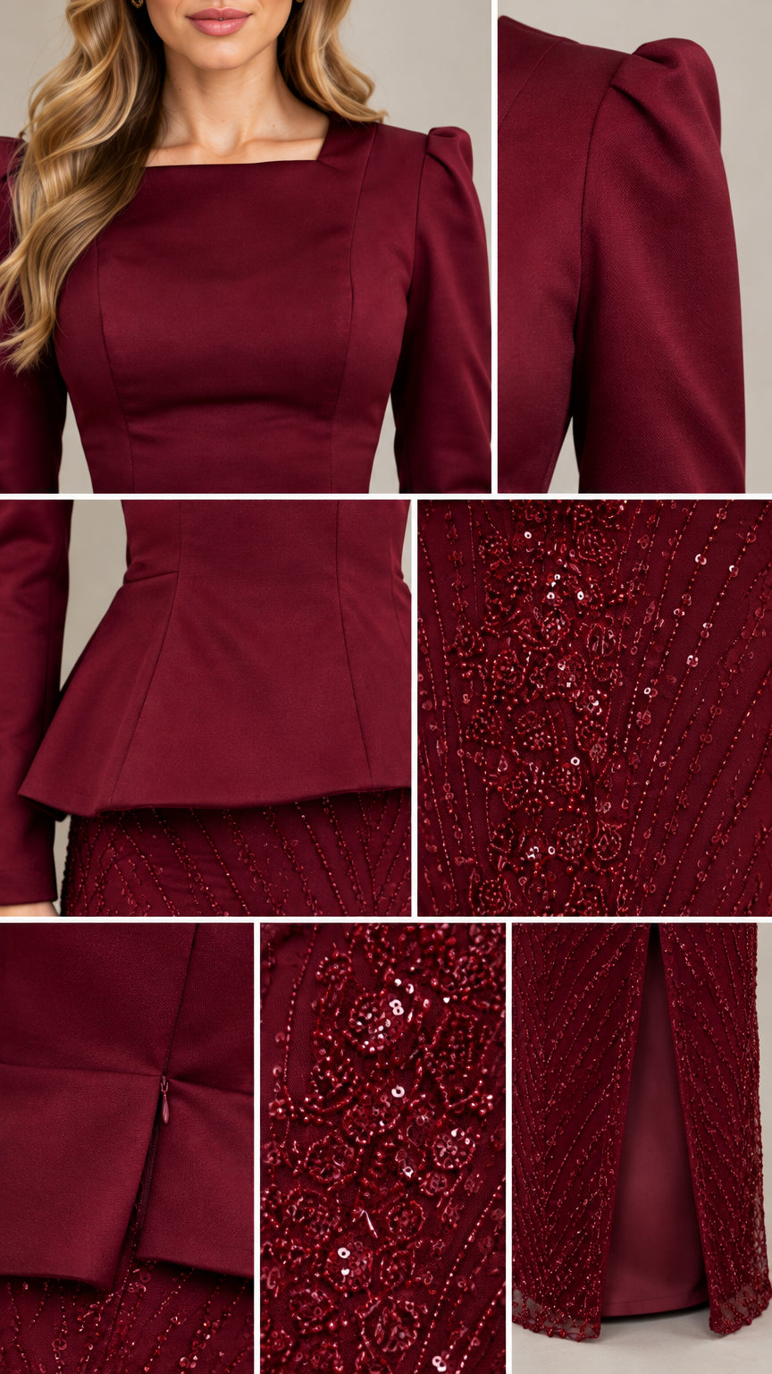 Detailed close-ups of square neckline, sleeve cuffs, peplum hem, and sequin fabric embellishment in burgundy