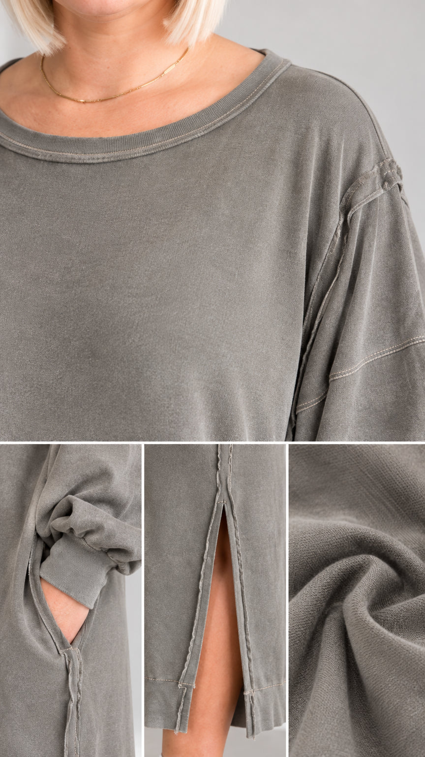 Close-up collage of neckline, cuff, side pocket, and textured seam details on the washed olive dress
