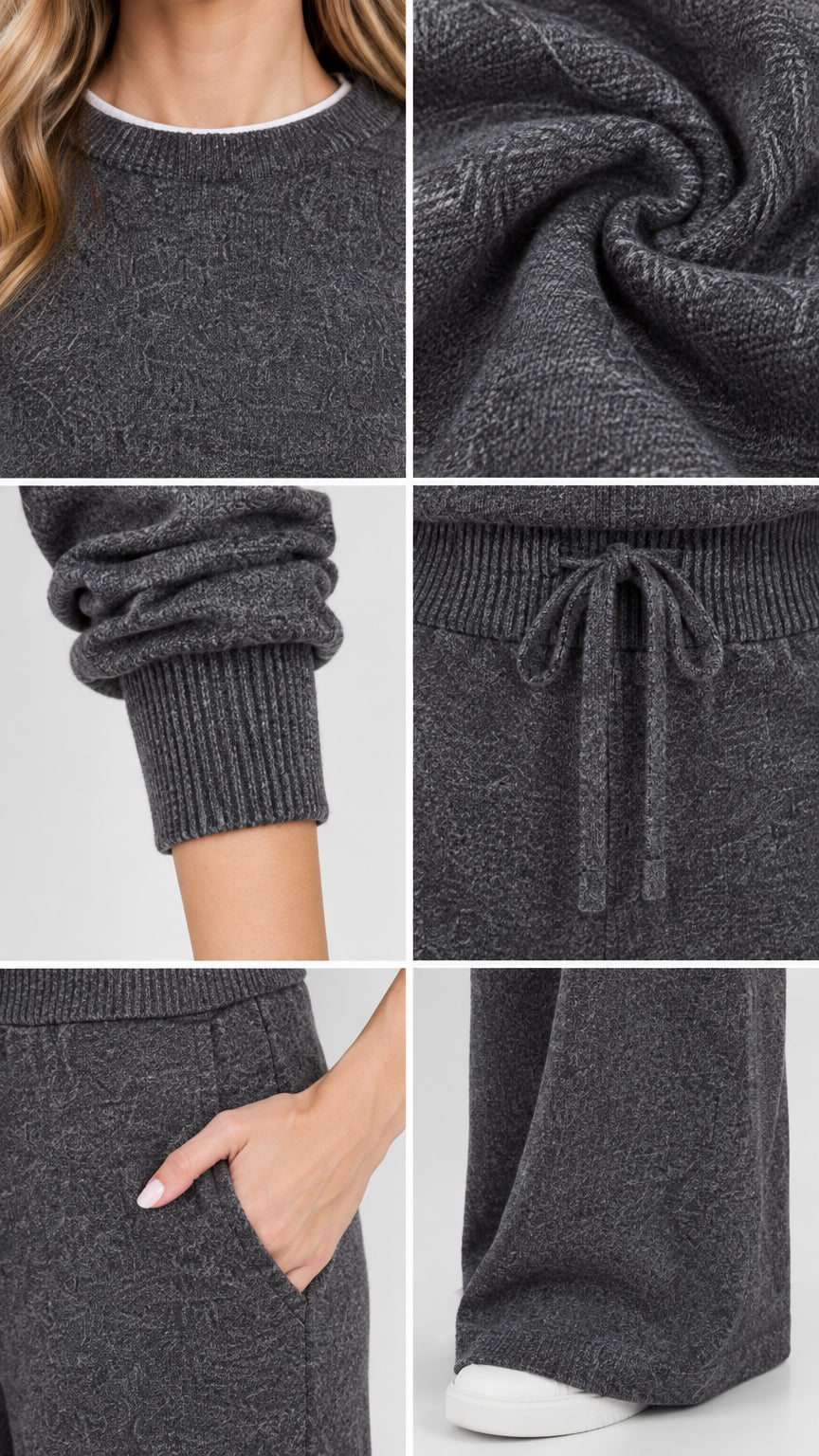 Close-up details of ribbed crewneck, soft knit fabric texture, ribbed cuff, drawstring waist, side pocket, and wide hem