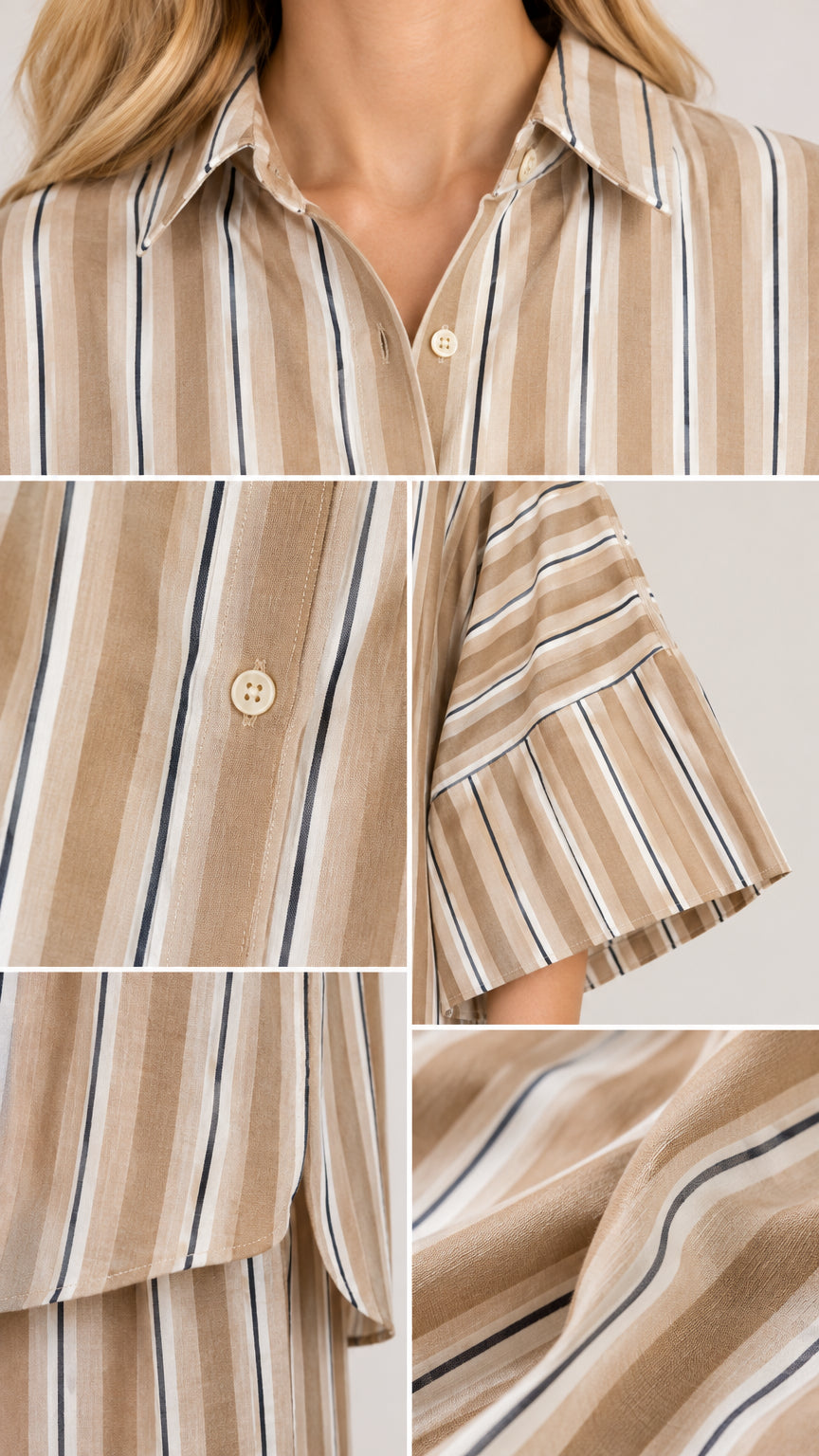 Close-up details of collar, buttons, sleeve cuffs, and striped fabric texture