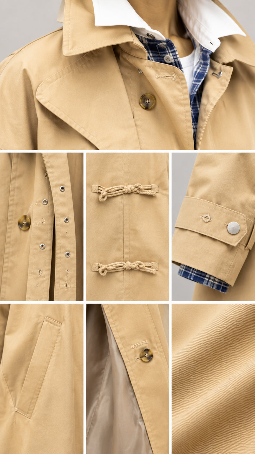Collage of close-up construction details of khaki trench coat showing lapels, lining, pockets, toggle cords, and cuff tabs